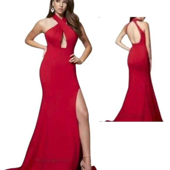 Mac Duggal Sleeveless Maxi Dress Red Formal Keyhole Front Halter Neck Gown 6